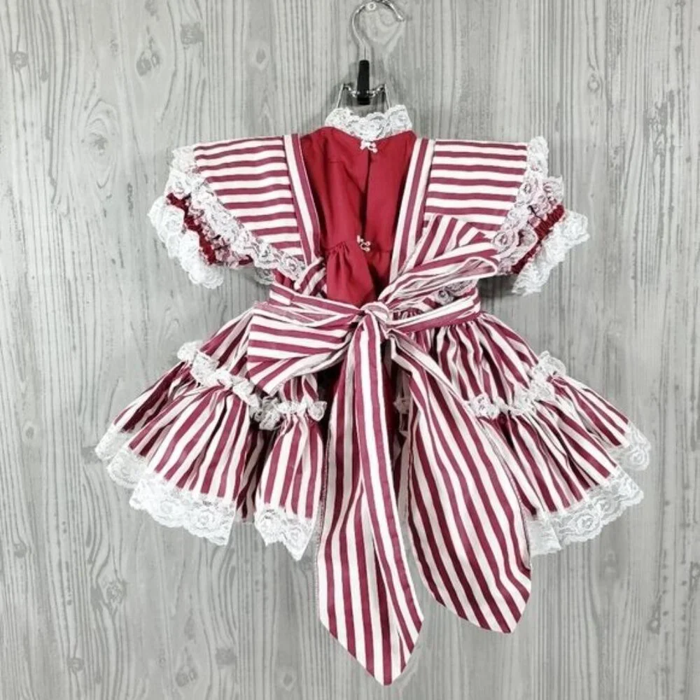 Vintage Lace Full Circle Pinafore Dress Bloomer Set Red Stripe Holiday Twirl - Picture 3 of 10